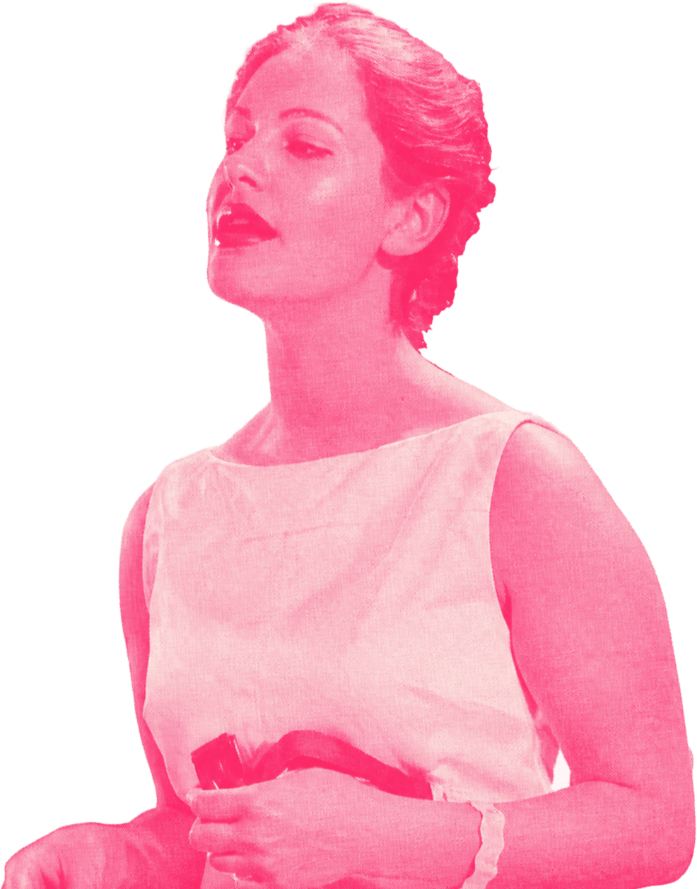 Valentine Moscovici chante, la tête inclinée en arrière, en robe sans manches — portrait en bichromie rose.